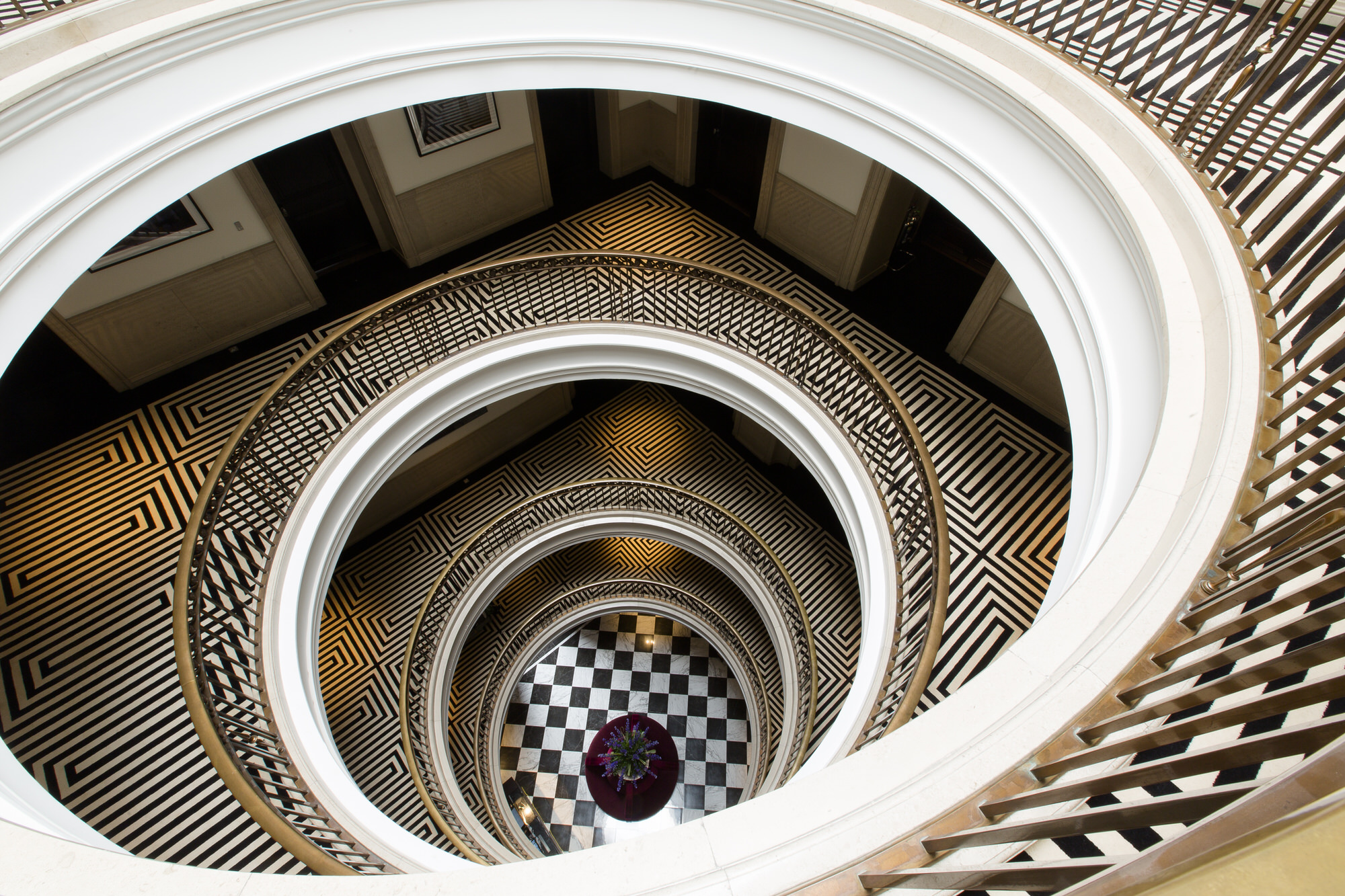 The grand spiral staircase viewed from above